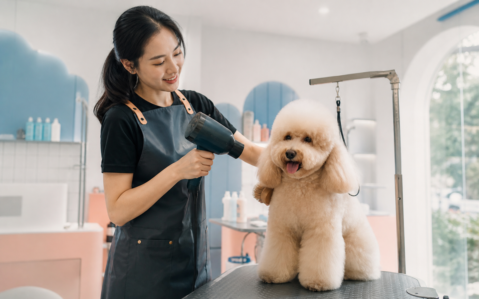 Nhân viên QINPET sấy và chải lông cho chó sau khi tắm