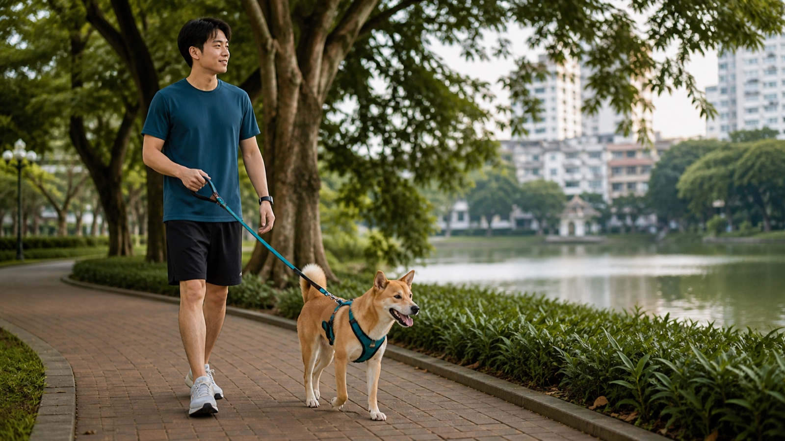 Chủ nuôi dắt chó bằng dây dắt và đai ngực vừa vặn