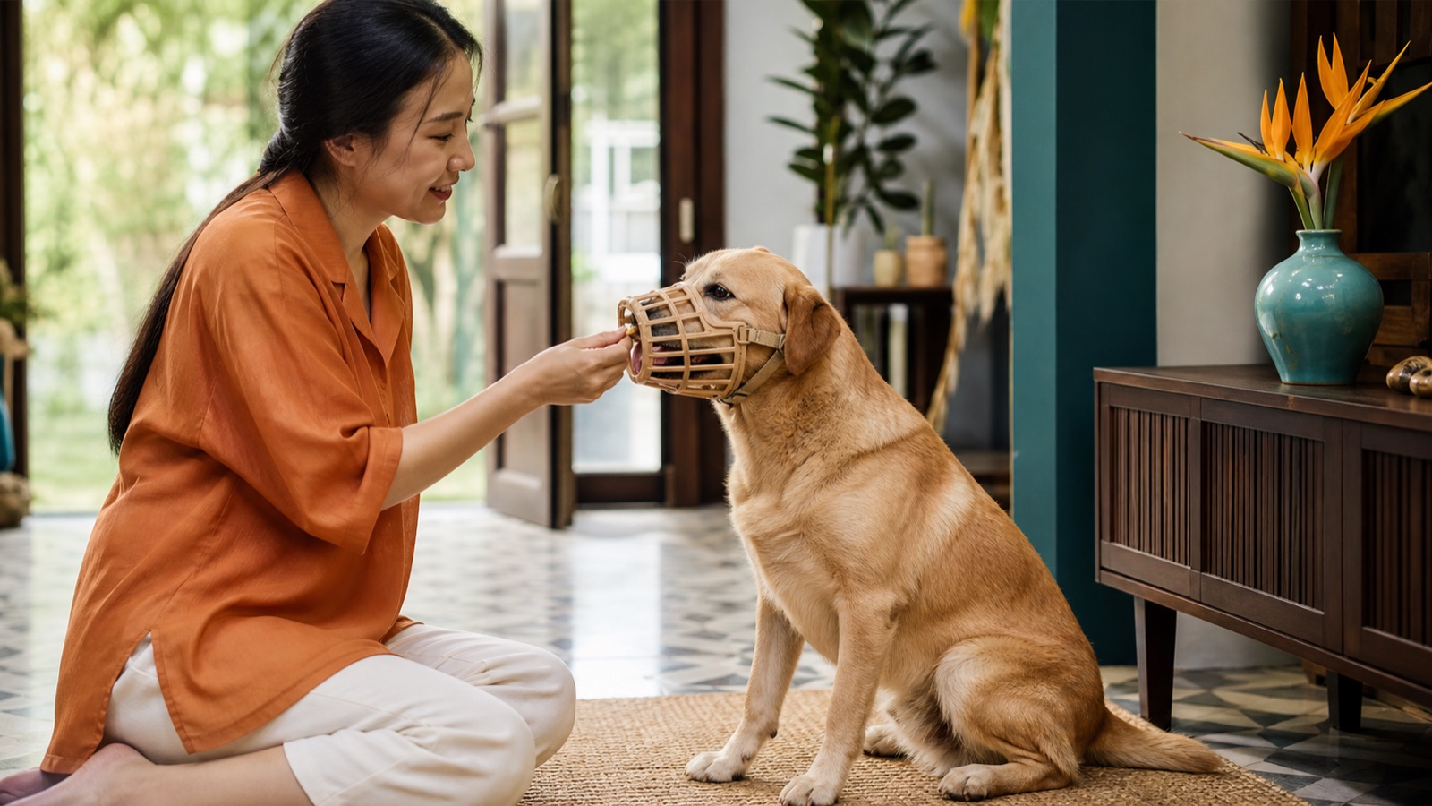 Hướng dẫn chó làm quen với rọ mõm bằng đồ ăn thưởng